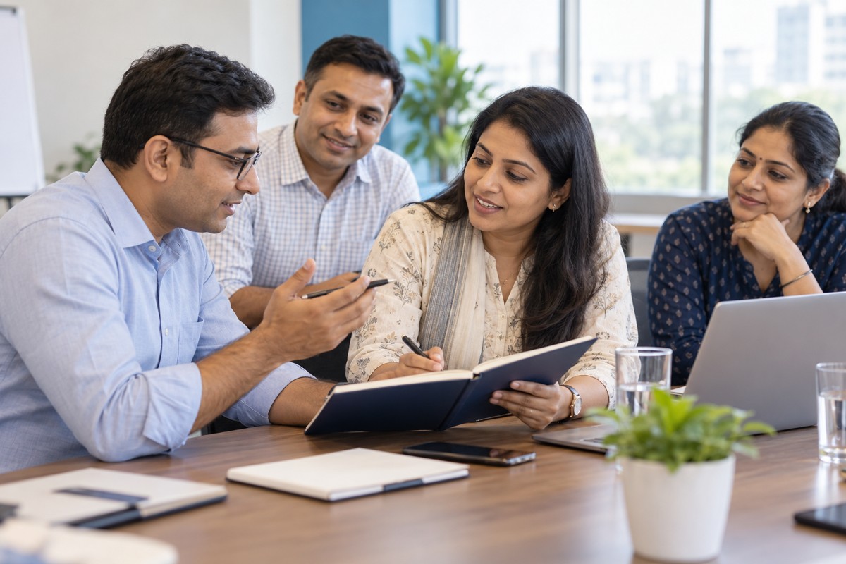 Indian managers practising workplace communication together — illustrative image